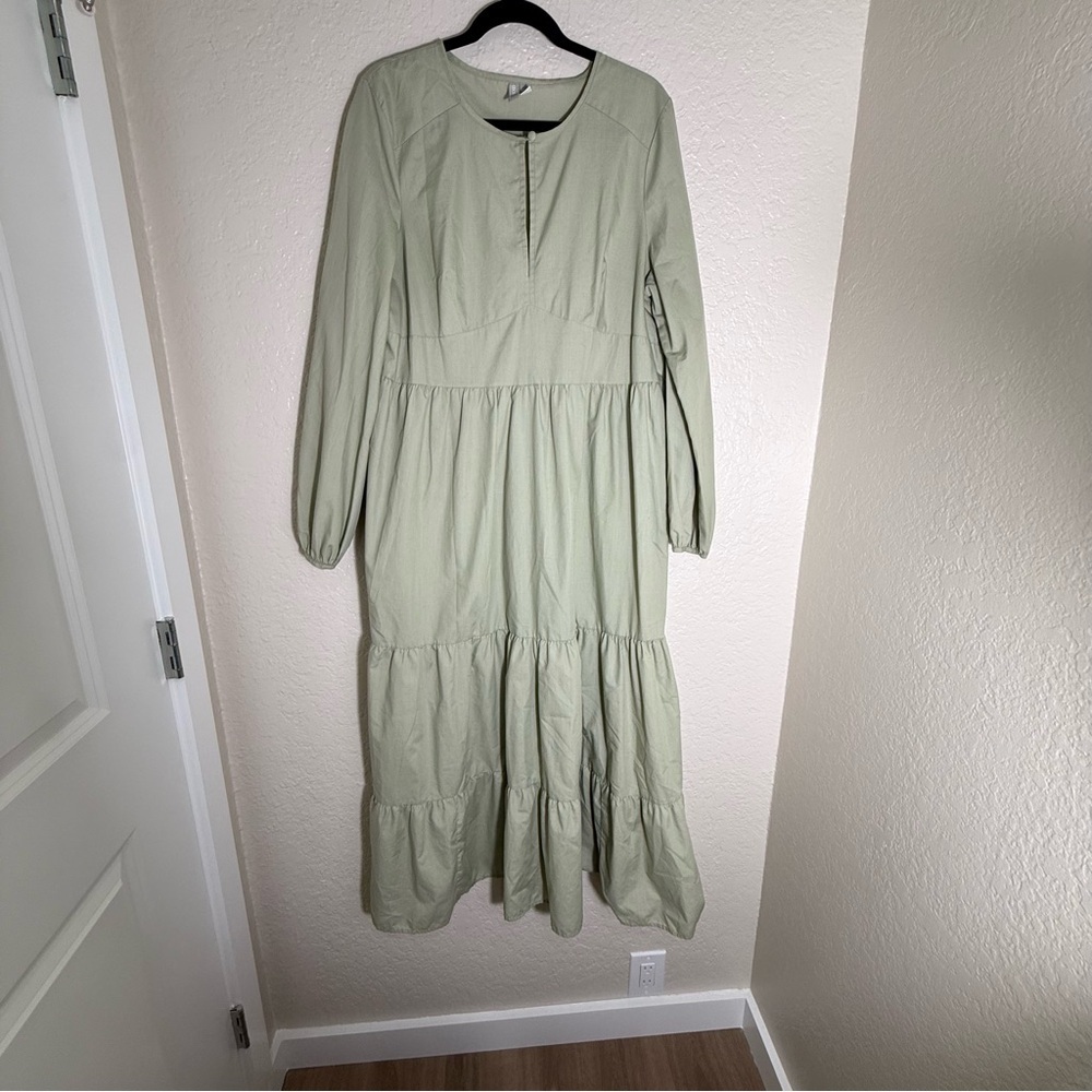 ASOS Sage Green Long Sleeve Tiered Dress Size 14 Modest Bohemian Casual Prairie - Picture 1 of 9